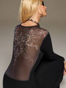 BAD SUNDAY Four Seasons Women's Mesh Backless Long Sleeve Dress Y2K Millennium Style Versatile For Outings, Vacation And Evening Party - Black - View 7