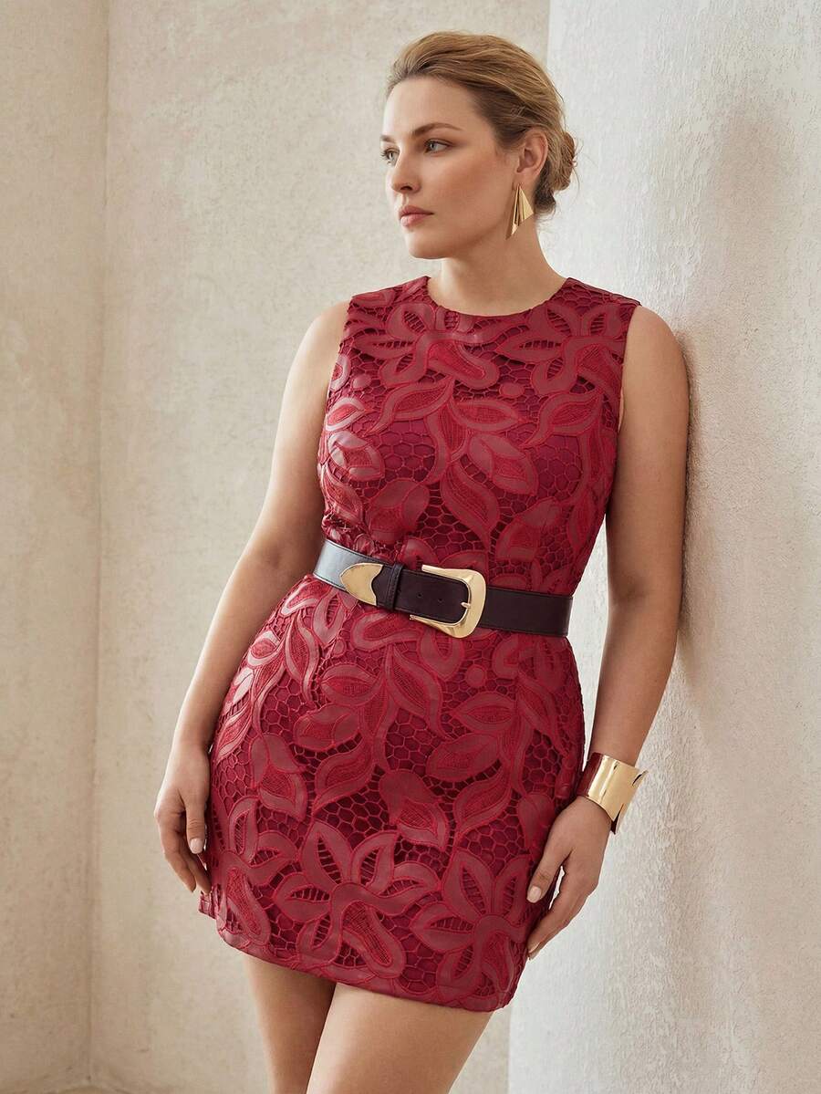 MOTF PREMIUM PLUS SIZE WOMEN'S PU LEATHER HOLLOW EMBROIDERY TANK DRESS WITHOUT BELT FALL - Red - View 1