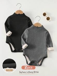 Cozy Pixies Baby Mädchen einfarbig Kontrast Strick weich Stehkragen Langarm Herbst Winter Bodysuit 2er Set - Schwarz - Übersicht 1