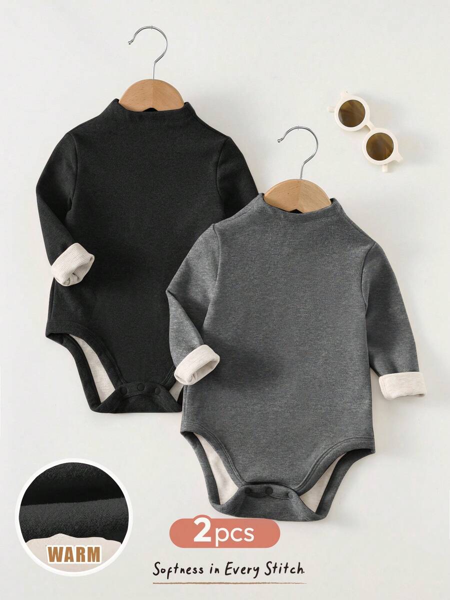 Cozy Pixies Baby Mädchen einfarbig Kontrast Strick weich Stehkragen Langarm Herbst Winter Bodysuit 2er Set - Schwarz - Übersicht 1