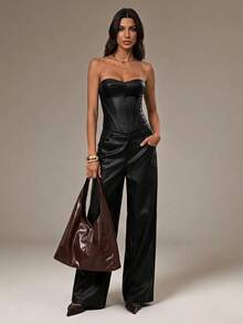 SHEIN Tall Women's Sexy PU Material Fishbone Strapless Top - Black - View 8