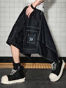 ROMWE MEN Men's Button Letter Pattern Casual Versatile Daily Travel Denim Shorts - Black - View 1