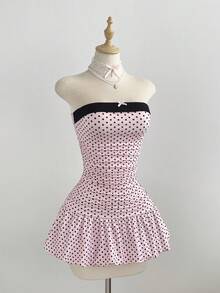 Elamini Women's Strapless Polka Dot Print Bodycon Ruched Mini Dress, Fitted Waist, Party Shopping Vacation Outfit - Pink - View 5