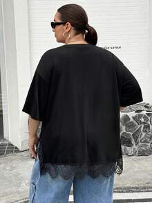 SHEIN CURVE+ 大尺碼時尚優雅休閒寬鬆日常正式居家穿搭黑色T恤極簡風2026夏季22W - 黑色 - 查看 3