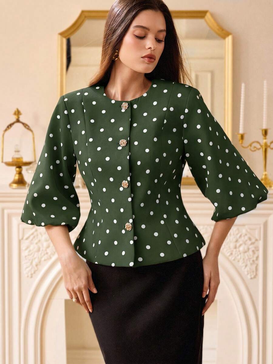 BELROSIE 女款黑色波點中袖短版西裝外套,金屬不對稱鈕扣袖口 - 綠色 - 查看 1