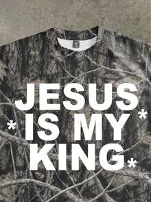 Manfinity ZONE917 Street Loose Camouflage Dry Branches & Leaves JESUS IS MY KING Print Loose Short Sleeve T-Shirt, Suitable For Spring/Summer Party Gift (High Quality) - Multicolor - View 2
