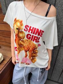 K-Vae Camiseta de mujer estilo dulce y fresco con estampado de leopardo y gráfico de poni, hombro asimétrico, manga corta holgada, top casual versátil y estilizante - Blanco - Ver 5