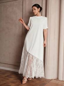 Graceveil Women's Solid Color Round Neck Short Sleeve Lace Hem Elegant Long Dress - White - View 5