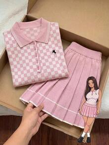 Comfortcana Plus Size Women's Tennis Style Checkerboard Knit Tank Top And Pleated Knit Skirt Set Fall - Pink - View 1