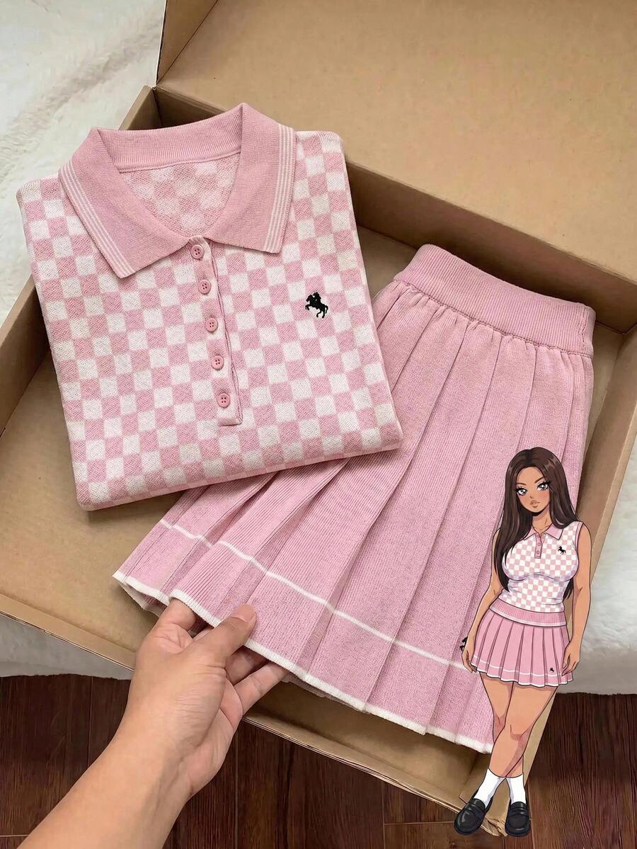 Comfortcana Plus Size Women's Tennis Style Checkerboard Knit Tank Top And Pleated Knit Skirt Set Fall - Pink - View 1