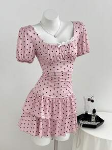 Elamini Women's Polka Dot Print Bow Decor Short Petal Sleeve Ruched Dress - Pink - View 7