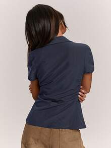 SHEIN BAE 女款條紋短袖側結休閒襯衫 - 藏蓝色 - 查看 2