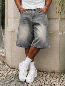 Manfinity EZcore Plus Size Men's Denim Embroidered Wide Leg Shorts - Light Grey - View 3
