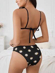 GARFIELD | SHEIN Women Sexy Cute Cartoon Print Tie Back Comfortable Bra And Panty Set - Black - View 2