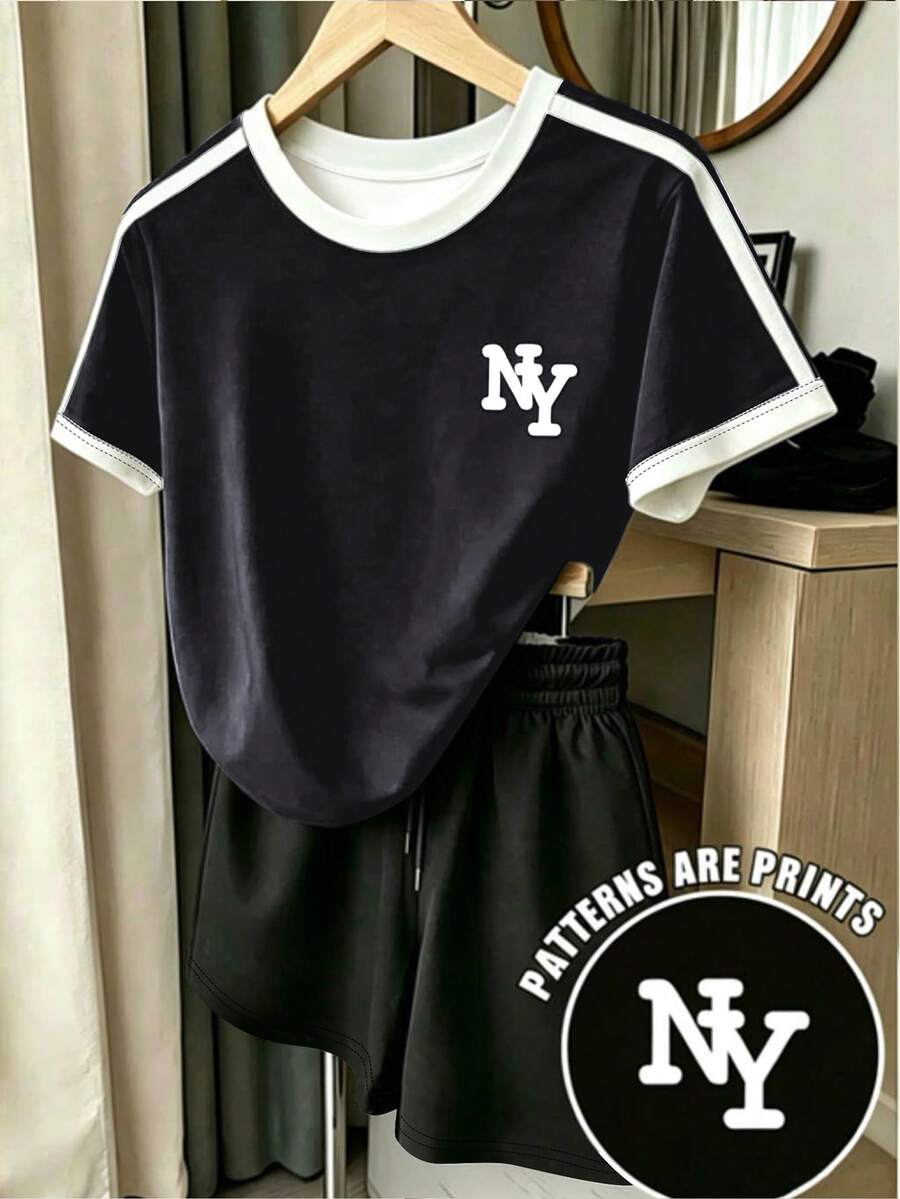 Resyla 夏季新款美式NY印花圓領短袖短褲兩件套女裝,休閒運動套裝,年輕時尚風格 - 彩色 - 查看 1