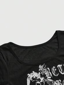 Betty Boop | ROMWE Spring/Summer Y2K Hot Girl Collaboration Vintage Distressed Print Fitted Ruched T-Shirt - Black - View 3