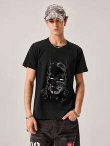 Strevion Men's Minimalist Batman Logo Print Round Neck Short Sleeve T-Shirt, Summer - Black - View 4