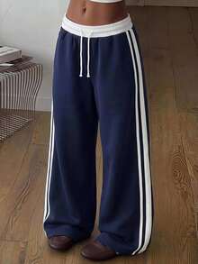 Girlism Tween Girl Tween Girls Sweatpants Spring Summer Autumn Winter New Casual Versatile Snug Fit Colorblock Webbing Elastic Waist Loose Wide Leg Sweatpants, Back To School Season - Blue and White - View 1