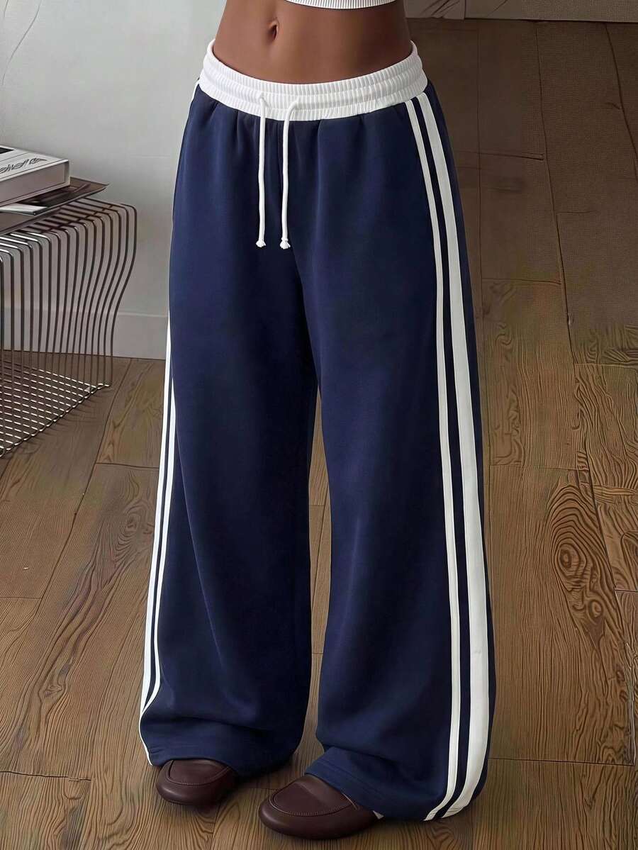 Girlism Tween Girl Tween Girls Sweatpants Spring Summer Autumn Winter New Casual Versatile Snug Fit Colorblock Webbing Elastic Waist Loose Wide Leg Sweatpants, Back To School Season - Blue and White - View 1