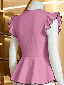 Franclia 女士夏季通勤荷叶边前开襟纽扣衬衫 - 粉色 - 查看 5