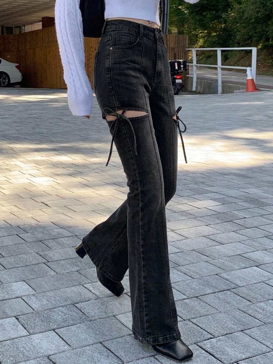 FRIFUL Women's Solid Color Minimalist Daily Tie-Up Denim Jeans - Black - View 1