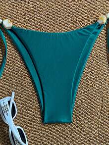 Swim Chiccia 2026新款女款夏季海灘優雅度假風 珠飾素色亮面布料 細肩帶露背性感抽繩抓皺綁帶高腰比基尼泳衣套裝 - 水鴨藍 - 查看 8