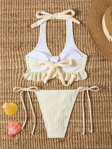 SHEIN Swim Set Bikini Halter Berkerut Depan Model Twist-Front untuk Liburan Pantai Musim Panas Wanita - Aprikot - View 3