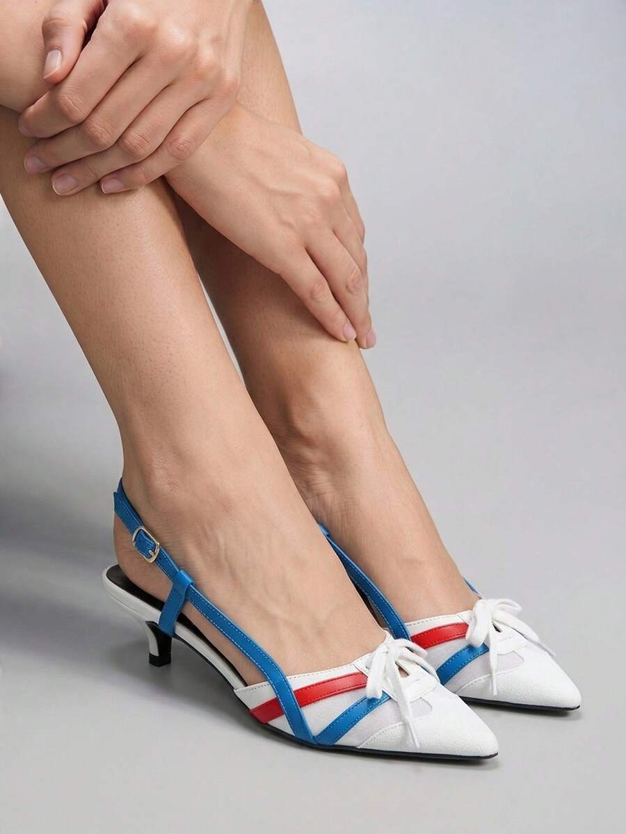 CUCCOO GRLICON Women's High Heel Pumps, Kitten Heel, Racing Sport Style, Y2K, Color Block Stripes, Summer - White and blue color matching - View 1