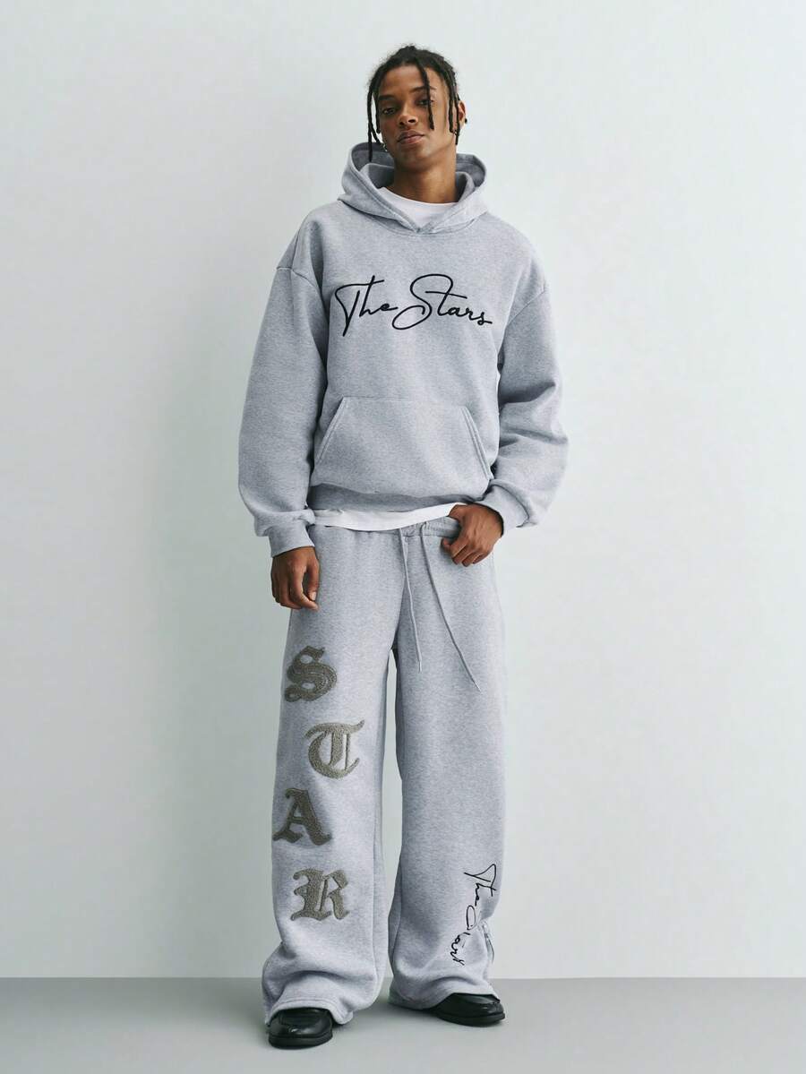 Sonviro Men's Dark Grey Winter Streetwear Hoodie And Sweatpants Set,Embroidered Letter Thermal Lined Sweatshirt&Wide Leg Jogger Set,City Break Back-To-School - Grey - View 1