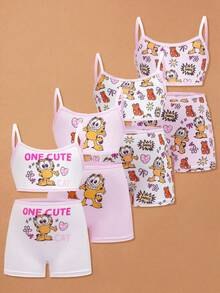 GARFIELD | SHEIN 4件套少女卡通图案吊带背心和短裤内衣套装 - 淺粉色 - 查看 1