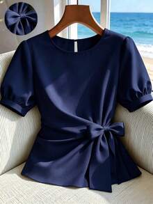 Franclia Blusa elegante de moda de unicolor para mujer, nueva top anudada de verano 2026, casual elegante para uso diario, ir al trabajo, fiestas, viajes y hogar - Azul Marino - Ver 1