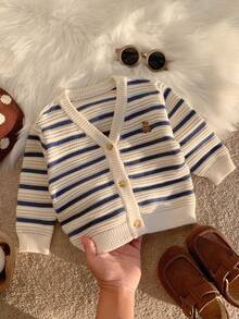 SHEIN Unisex Baby Jungen/Mädchen Baby Jungen Herbst/Winter Lässig Süß Gestreifter Strick Cardigan Pullover Jacke, Baby Jungen Herbst/Winter Kleidung, Weich, Vintage - Blau-Weiß - Übersicht 4