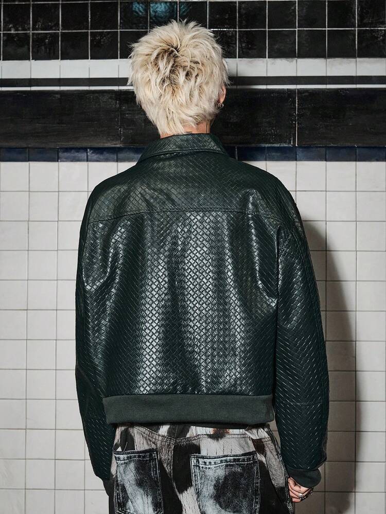 ROMWE MEN Street Life Men's Fashion Retro Woven Texture Jacket - Dark Green - View 3