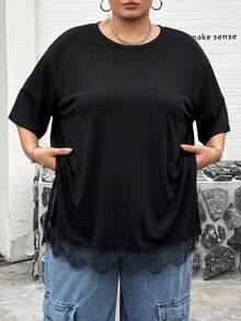 SHEIN CURVE+ 大尺碼時尚優雅休閒寬鬆日常正式居家穿搭黑色T恤極簡風2026夏季22W - 黑色 - 查看 5