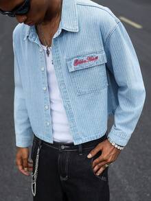 STEELVANCE Men's Streetwear Casual Embroidered Vertical Striped Blue Cargo Denim Shirt - Light Wash - View 5