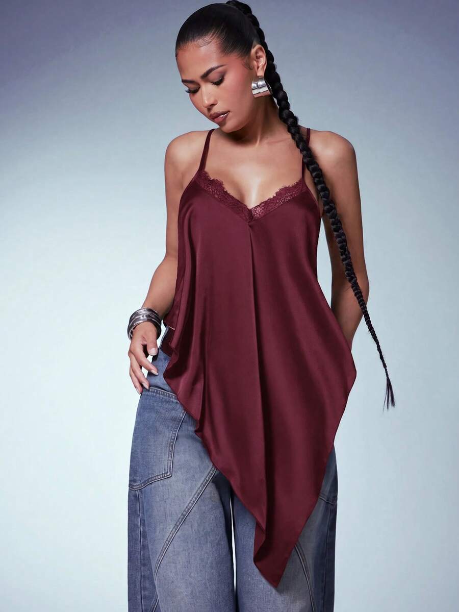 Denimoi Atasan Cami Tanpa Punggung dengan Hem Asimetris, Atasan Seksi untuk Kencan Malam Bersama Teman Wanita, Atasan Makan Malam, Atasan Tanpa Punggung, Cami Renda - Burgundy - View 1
