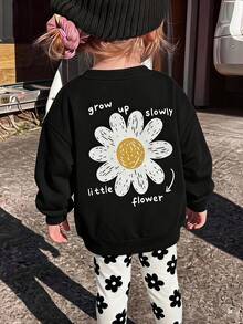 2pcs Baby Girl Floral Pattern Knit Soft Crew Neck Long Sleeve Sweatshirt And Long Pants Set - Black - View 6