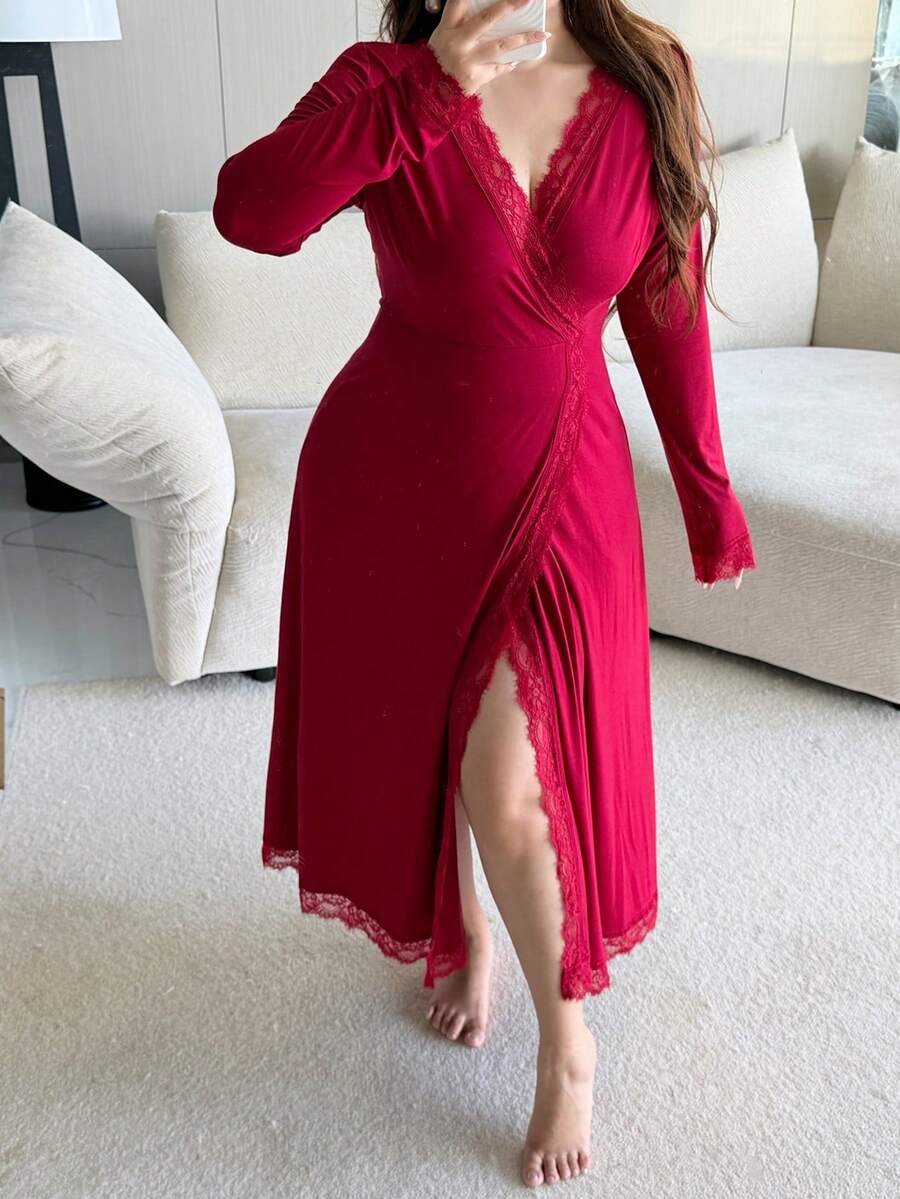 Dazy Plus Plus Size Women's Elegant Mid-Length Contrast Lace Sexy Loungewear Nightgown - Burgundy - View 1