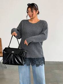 Firerie 大尺碼女款深灰色圓領套頭毛衣,時尚對比蕾絲飾邊,優雅純色針織上衣,休閒百搭辦公秋季款 - 深灰色 - 查看 4