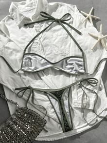 Costavie Swim Vcay 兩件式比基尼套裝，春夏海灘度假，亮片紋理布料，掛脖平口上衣搭配側綁繩丁字褲，性感 - 軍綠色 - 查看 2