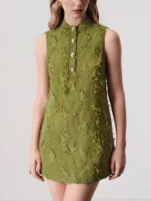 Aveloria Modichic Heavy-Duty Tassel Jacquard Fabric, Elegant Design Button Decor Sleeveless Minimalist Versatile Short Mini Dress - Green - View 4