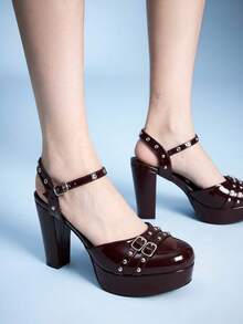 Sugerpunk College Commute Cute Casual Generous. Ladies Platform High Heel Shoes - Burgundy - View 9