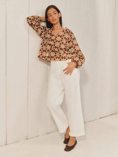 lacRébo Brown Yellow Vintage Floral Lprint Long Sleeve Cotton Blouse With V-Neck And Ties Summer Holiday
