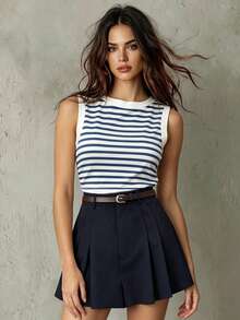 Franclia Women's Summer Elegant 2-Piece Set,Navy Blue Striped Sleeveless Knitted Tank Top & Pleated A-Line Shorts Outfit,Vacation Holiday Beach Casual Set - Blue - View 1
