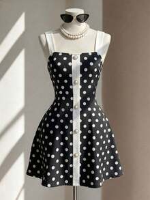 SHEIN Clasi Women's Black White Polka Dot Colorblock Casual Retro Elegant Party Brunch Short Dress Summer - Black and White - View 5