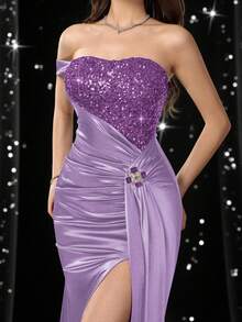 Coutiva Women's Solid Color Patchwork Sequin One Shoulder Ruched Side Slit Hem Elegant Formal Evening Gown - Mauve Purple - View 8