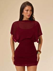 SHEIN BAE Spring/Summer Solid Black Sexy Sheer Ruched T-Shirt Mini Dress, Fitted Bodycon Party Cocktail Evening Nightclub Outfit, Short Sleeve High Neck Draped Design, Women's Spring/Summer Wear - Burgundy - View 5