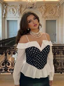 SHEIN MOD Plus-Size Women's Elegant Black And White Polka-Edge Off-Shoulder Top, Simple And Stylish, Suitable For Casual Everyday Wear, Street Style, Office Occasions, Long-Sleeved Top, Elegant New Year's Top, Gothic Style, Outdoor Top, Party Top, Women's Casual Wear, Carnival, Summer Off-Shoulder Top, Strapless Shirt, Sleeved Top, Off-Shoulder Puff Sleeve Shirt, Spring And Autumn Wear. - Black and White - View 7