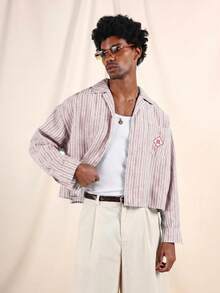 SUMWON Cropped Fit Linen Feel Striped Resort Shirt With Camp Collar, Chest Pocket, And Logo Patch - Baby Pink - View 6