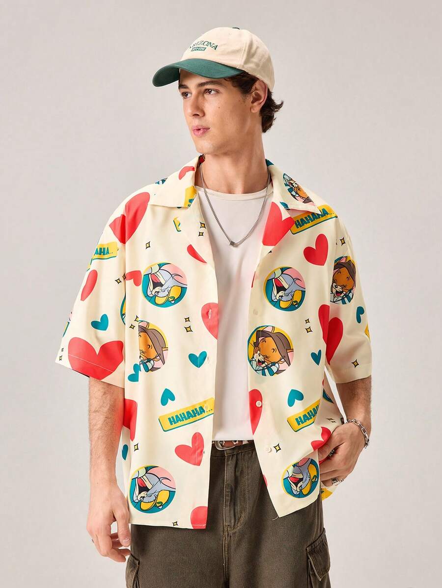 Strevion TOM & JERRY Men's Casual Simple Heart & Jerry Digital Print Short Sleeve Shirt - Multicolor - View 1